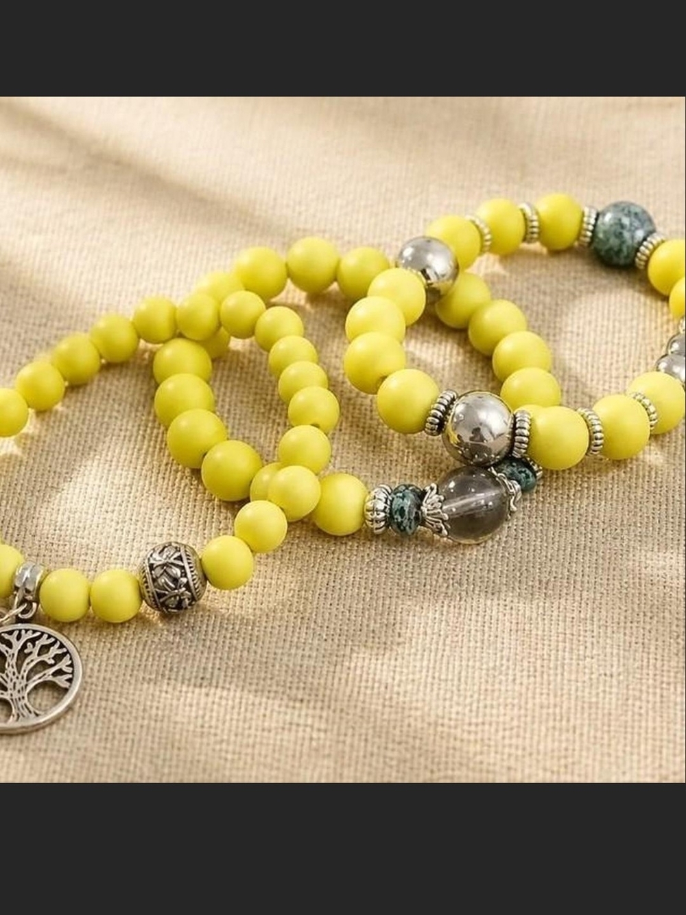 Yellow Beaded Stretch Bracelet Set with Silver Accents